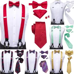 Silk Adult Men's Suspender Set 6 Clips Braces Vintage Gold Red Pink Green Wedding Suspenders Bowtie Necktie Hanky Cufflinks Set