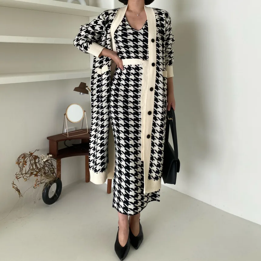 2020 Korean Sweater Set Fashion Vintage Style V Neck Long Knitted Sweater Coat + Houndstooth Vest Dress Female Two Piece Suit