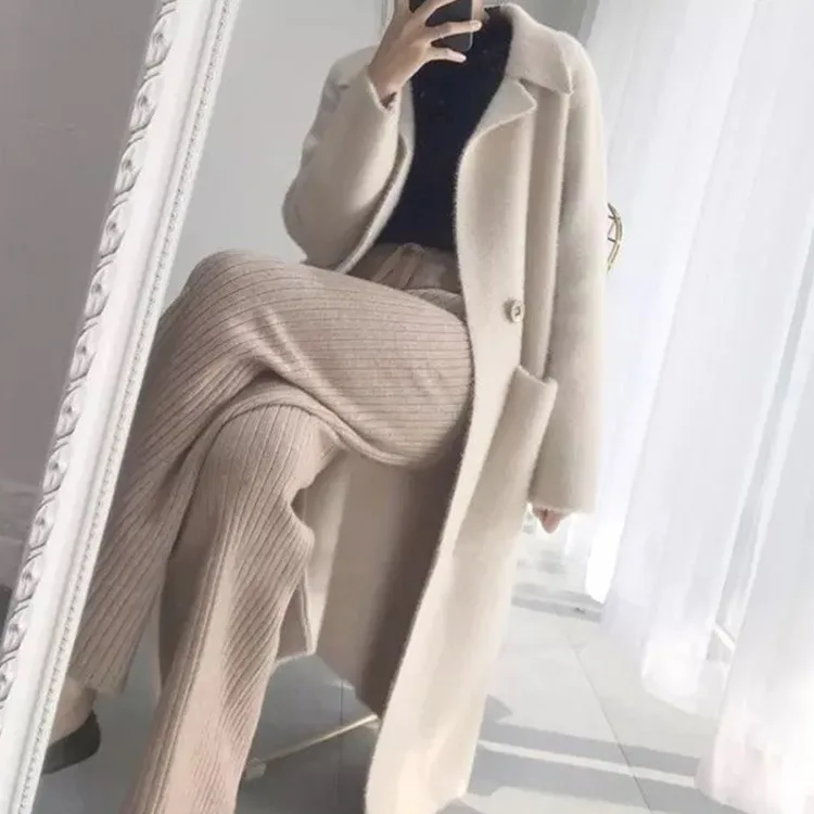 

2019 Autumn & Winter Mink Cashmere Elegant Loose-Fit Mid-length Knit Color Coat Slimming Large Pocket Retro Cardigan