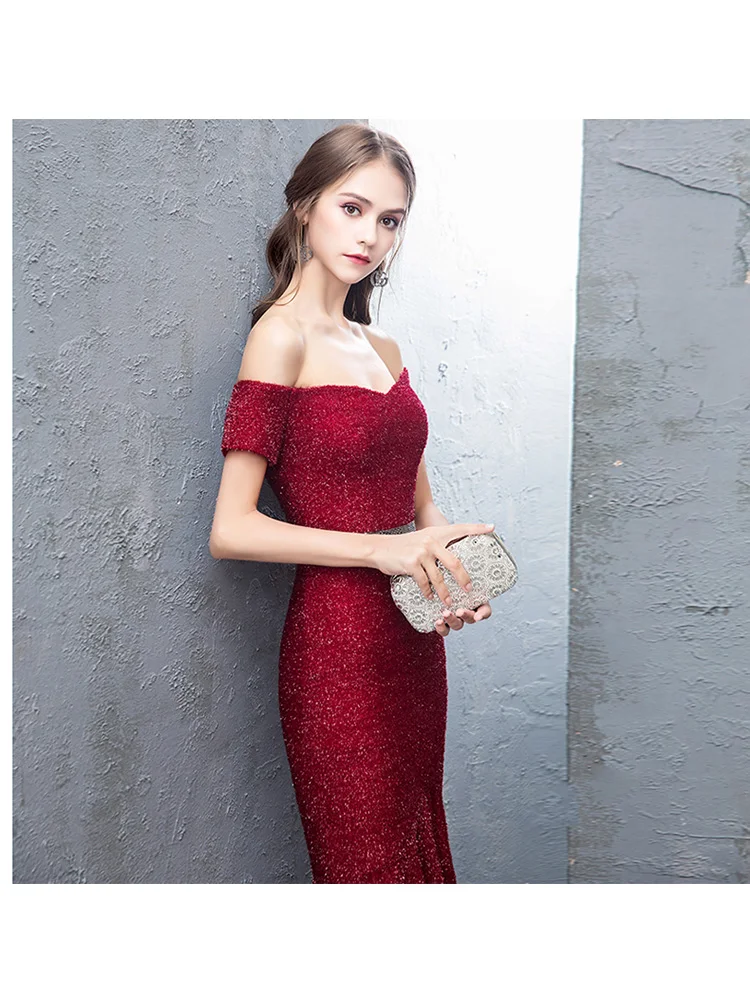 Это Yiya вечернее платье Elegat плюс размер лодочка шеи короткий рукав халат De Soiree блесток Русалка Женские вечерние платья V141