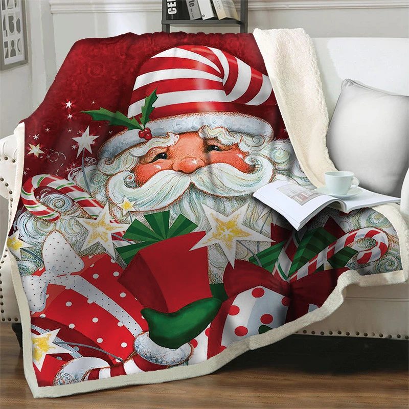 

Cartoon 3D Santa Claus Blankets Bedding Merry Christmas Gift Sherpa Blanket Plush Soft Warm Office Nap Blanket weighted blanket