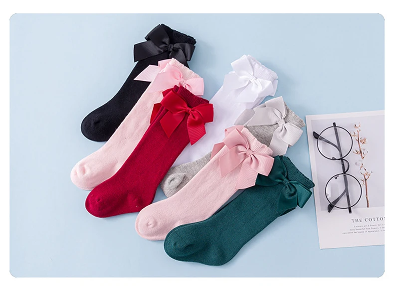 Детские носки для девочек с бантиками; Гольфы принцессы для девочек; милые хлопковые носки для новорожденных; длинные носки с бантом для детей