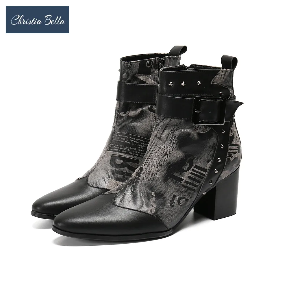 Christia Bella Genuine Leather Men Ankle Boots Fashion High Heel Male