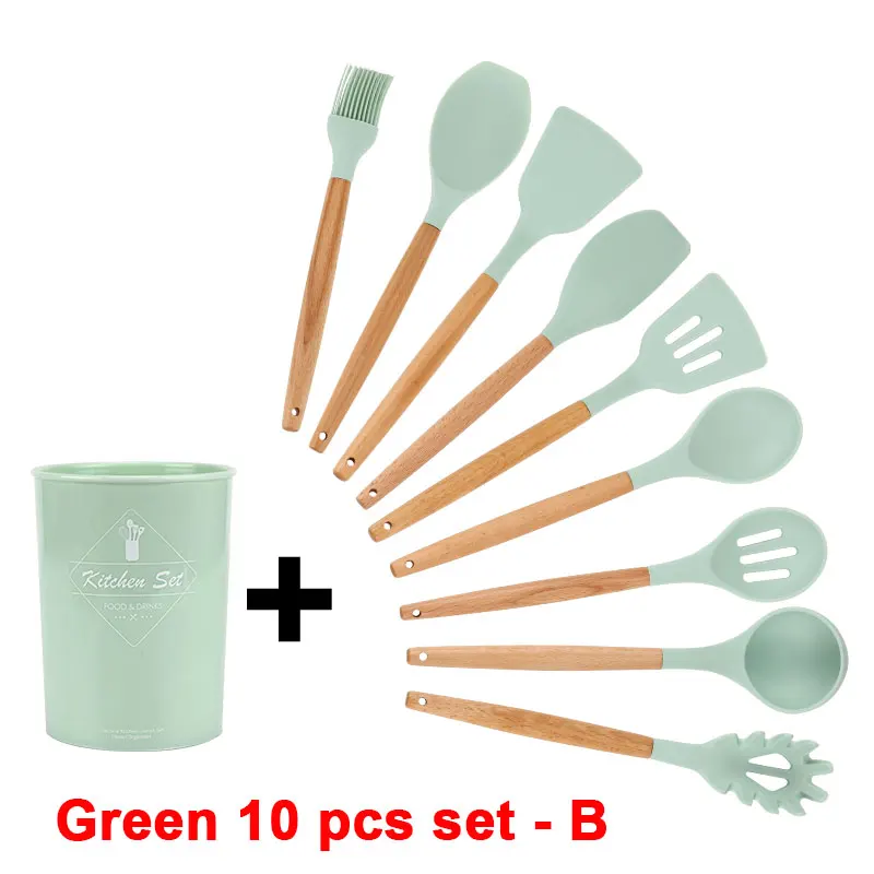 Green 10 pcs set - B Набор кухонных силиконовых кухонных принадлежностей с антипригарным шпателем лопата с деревянной ручкой набор кухонных инструментов с ящиком для хранения кухонные инструменты - Цвет: Green 10 pcs set - B