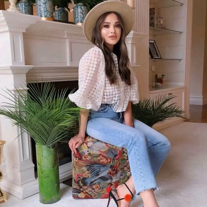 

UK Fashion Women Sheer Casual Puff Sleeve Blouse Slim Club Tops Polyester Long Sleeve White Dot Casual Fashion Holiday Summer