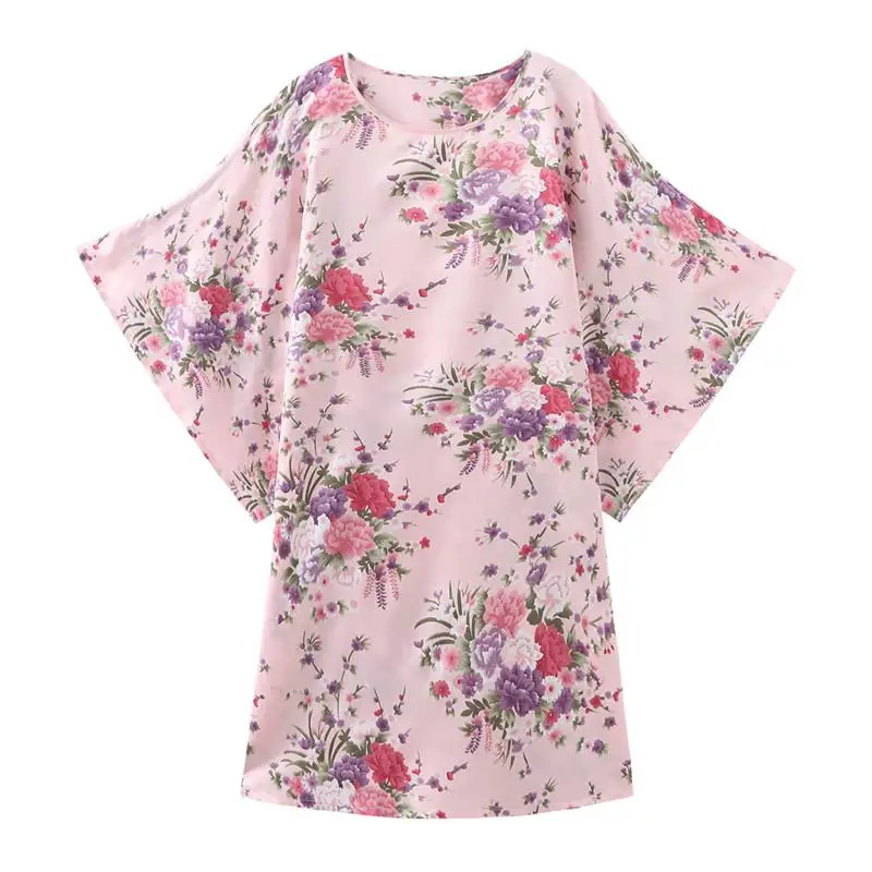 Женский летний домашний халат с цветочным принтом, короткий рукав, ночная рубашка с круглым вырезом, атласное сексуальное интимное нижнее белье, Неглиже - Цвет: Pink 2