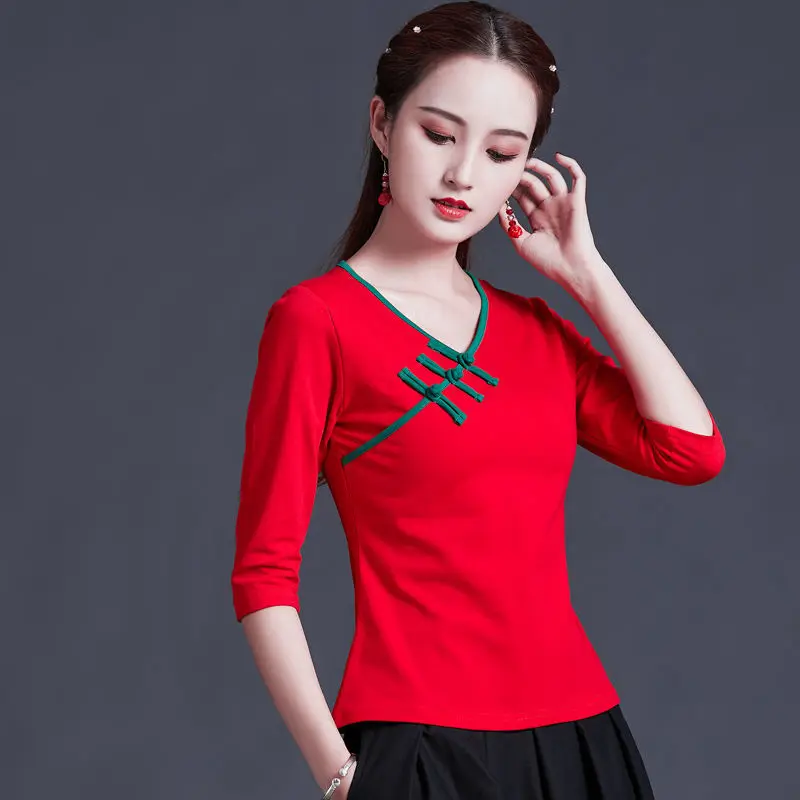 Cheongsam Women's Plus Size Short Tops Summer Cotton Blend Button Splicing Cheongsam Slim fit Chinese Qipao Shirts Woman