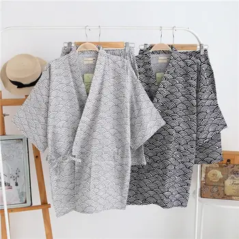 

2020 Summer Pajamas Set for Men Japanese Traditional Kimono Yukata Top Shorts Clothing Suit Samurai Male Sleepwear Bathing
