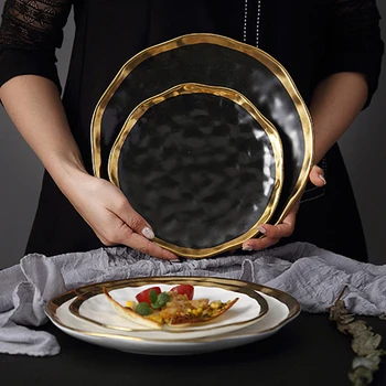 

Gold Inlay Ceramic Dinner Plate Snack Dishes Luxury Edges Dinnerware Kitchen Black And White Tray Tablware Set