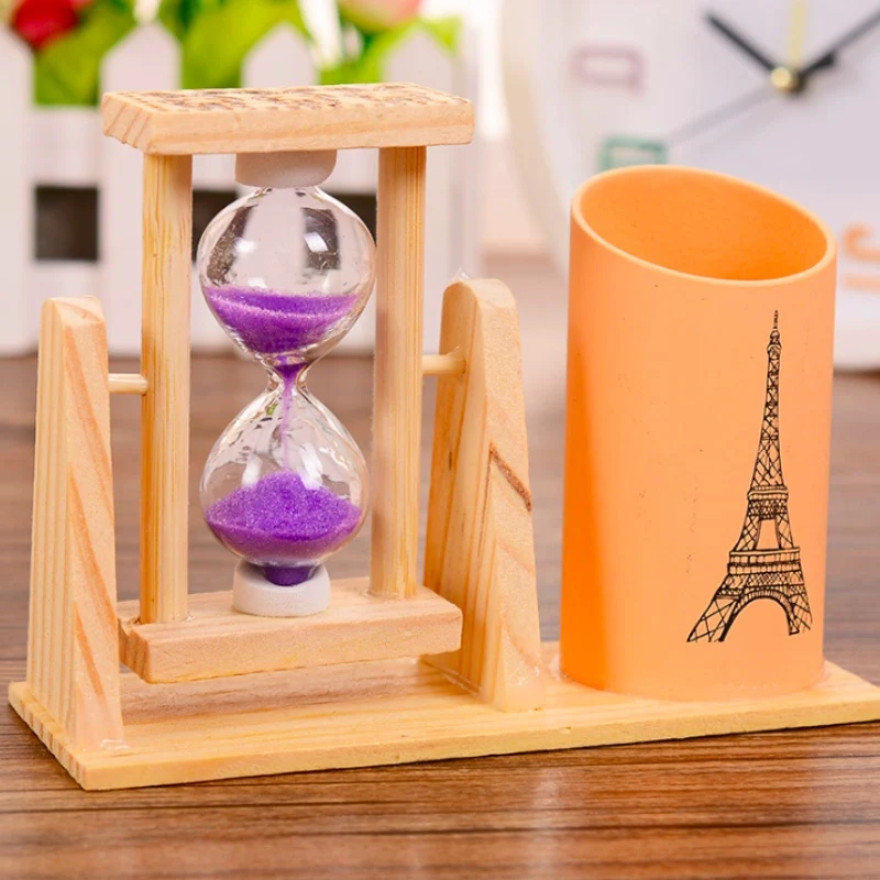

Wooden Pencil Stand Timer Wood Pen Holder Office Desk Accessories with Hourglass Scrub Pencil Holder For School Supples