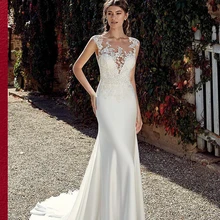 

Elegant Mermaid Wedding Dresses 2022 Floor Length Lace Appliques Custom Made Robe De Mariee Sleeveless Bridal Gown White Illusio