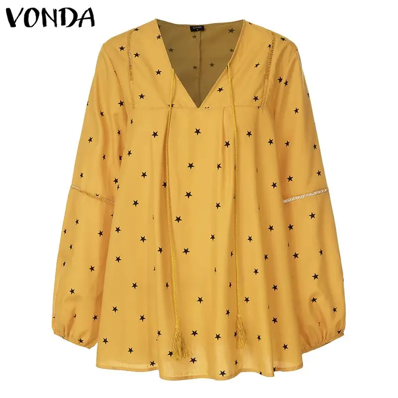 VONDA/Большие размеры, свободная блузка с принтом, женские осенние Рубашки с длинным рукавом и v-образным вырезом, повседневные пляжные топы, женские блузы, богемные рубашки