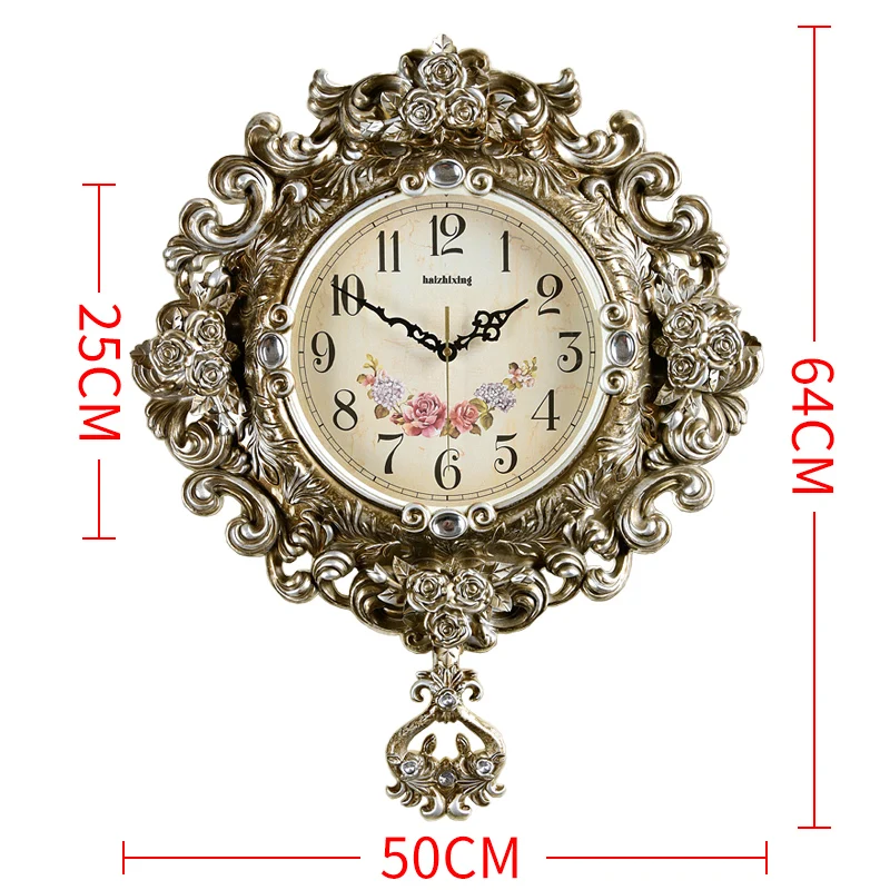 Golden Mute Swing Large Wall Clock Retro Flower Engraving White Clock C  