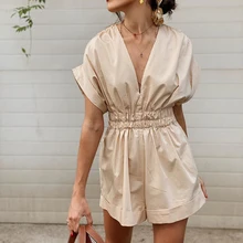 

Women Casual Summer Jumpsuit Short Sleeves V-neck Solid Loose Playsuits Fashion Pleated Elastic High Waist Short Jumpsuits 2021