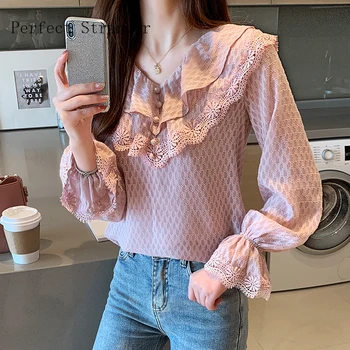 

2020 Spring New Arrival Fashion Korean V Collar Ruffles Long Sleeve Woman Lace Blouse