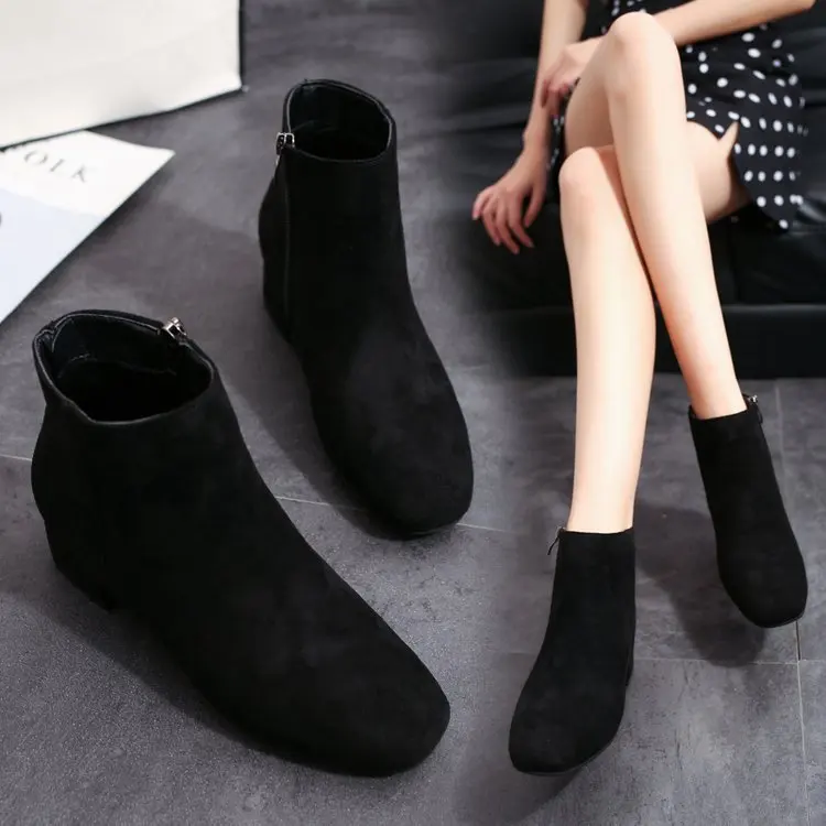 2020 Autumn Thick Med Heel Flock Women's Boots Ladies Round Toe Square Heel Zipper Shoes Solid Classic Casual Black Booties