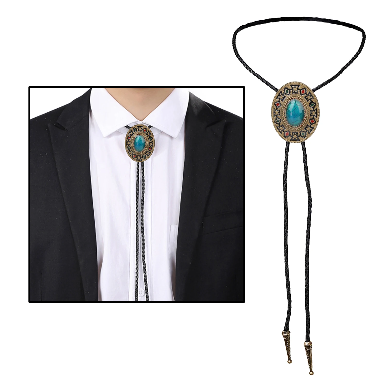 Fashion Mens Leather Turquoise Stone Bolo Tie Necklace Jewelry Retro Western Cowboy Mens Gifts Necktie Men Accessories