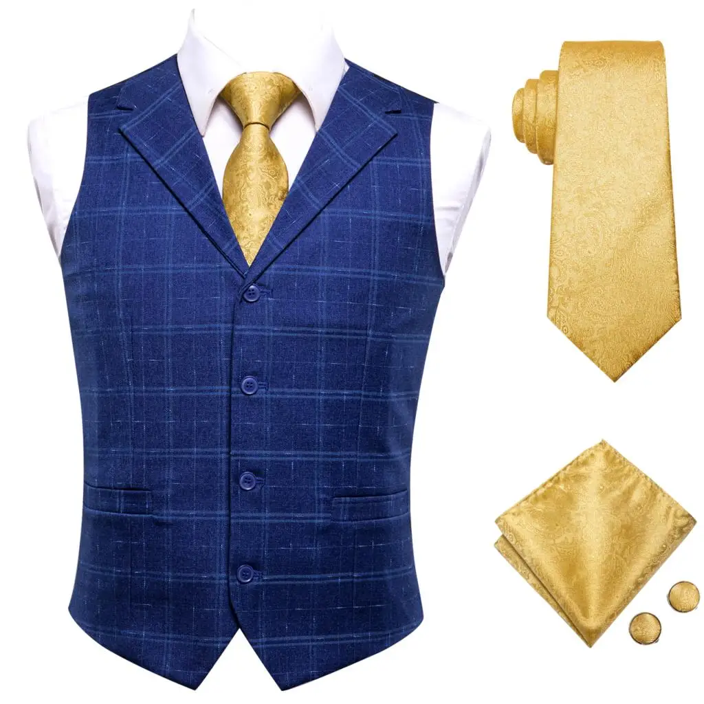 black blazer for men Hi-Tie Luxury Silk Mens Suit Vests Blue Plaids Waistcoat Men Vest Gold Blue Grey Necktie Hanky Cufflinks Set for Dress Suit Gift men blazer