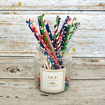 Ideaco 생분해 성, 크리스마스 종이 빨대 7.75 인치, 빨강, 녹색, 점, 대량, 눈, 모자, 나무, 별, 사탕 지팡이 종이 빨대