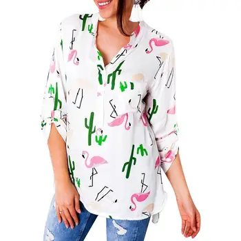 

Women Fashion Flamingo Cactus Print V Neck Long Sleeve High Low Shirt Blouse