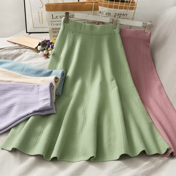 

Autumn High Waist Midi knitted Skirt A- Line Women long skirt Women's Drape Umbrella Solid Color Thin Striped Skirt clothes