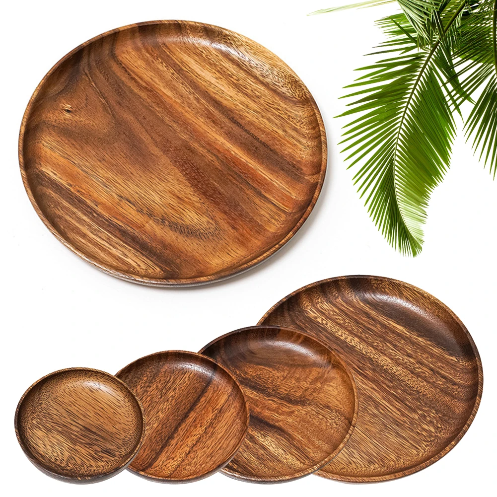 Wood Hand-made Acacia Dinner Plates Unbreakable Round Wood Plates for Fruits Dishes Snacks Dessert Serving Tray Tableware
