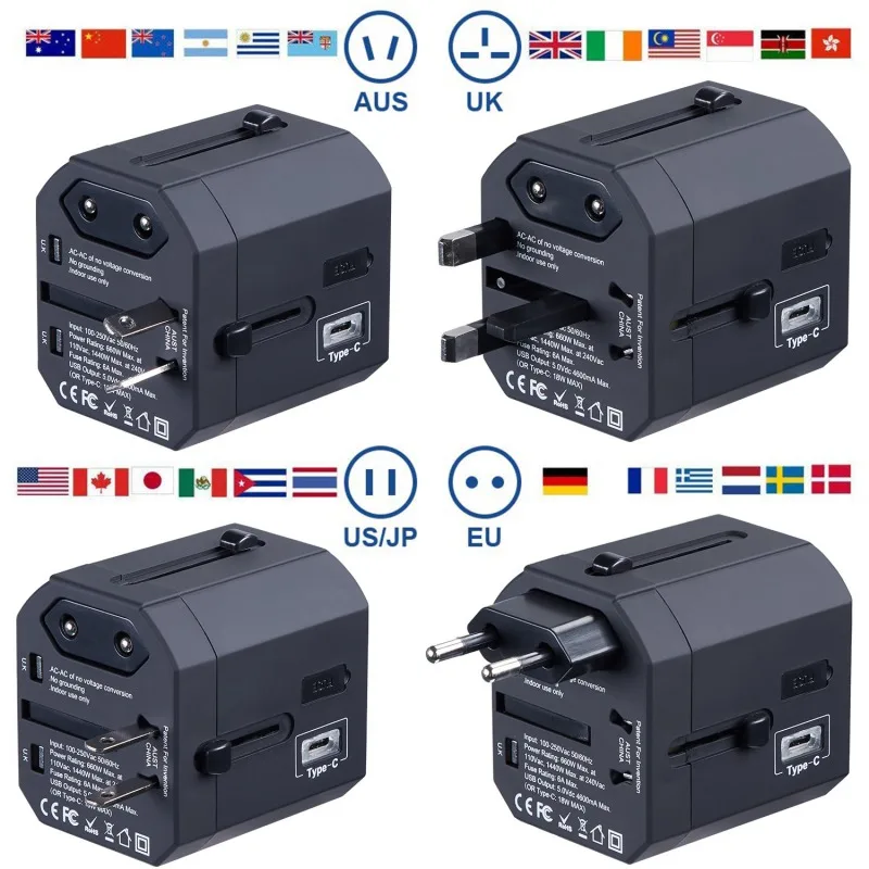 

Super Universal Travel Adapter Worldwide All in One Wall Charger AC Power Plug With 3 USB Ports 3.6A Type-C PD/QC3.0 Quick