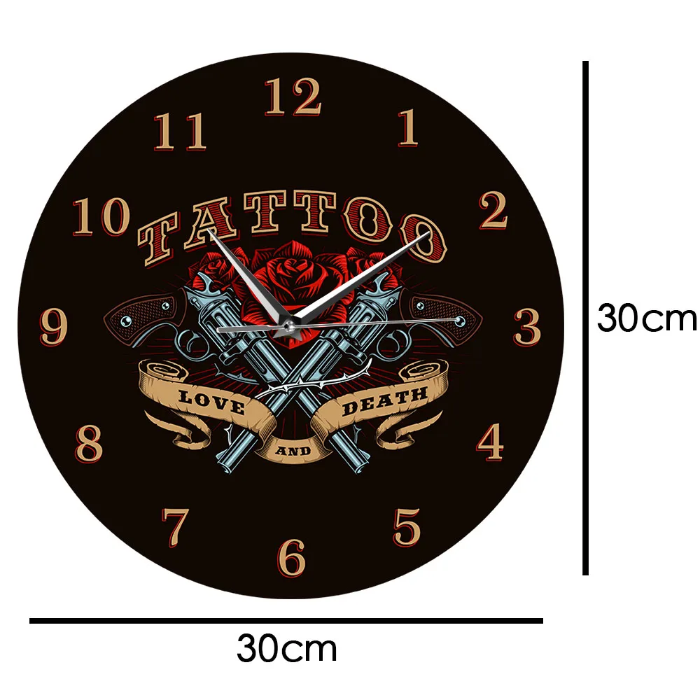 Пистолет и роза любовь и смерти тату студия знак декоративные настенные часы Старый Школьный человек пещера Настенный декор бесшумные кварцевые настенные часы