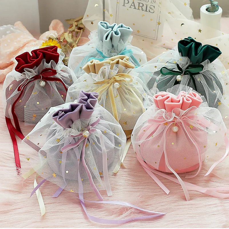 

100pc Luxury Packing Drawstring Velvet Pouch Sachet Gift Bag For Jewelry Wedding Candy Boxes With Pearl String Decor Favors Bags