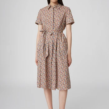 

Spring Summer Vintage Print Knee-length Dress Turn-down Collar Short Sleeve Lady Robes Short Shirt Dresses With Sashes
