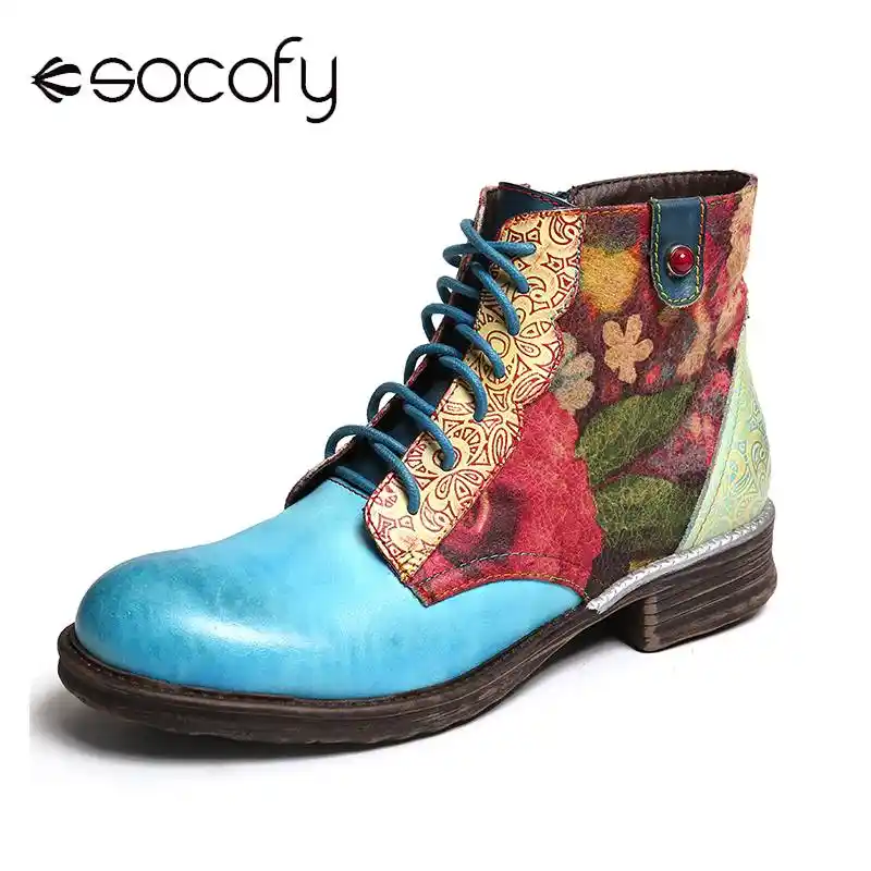 SOCOFY Women High Heels Genuine Leather Splicing Zipper Lace Up Ankle Boots Shoe