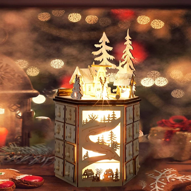 Andifany Caja de MúSica Giratoria LED Calendario de Adviento Decorado con Luces LED Cuenta Regresiva de Madera Tallada de 24 DíAs para el Calendario de Navidad 