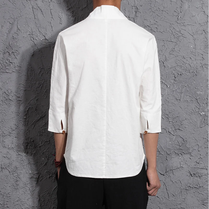 Летняя синяя/белая/черная хлопковая льняная рубашка кимоно, Мужская Льняная блуза в китайском стиле ретро с v-образным вырезом, тонкая Винтажная Футболка