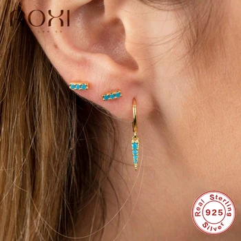 

ROXI Minimalist Bar Stud Earrings For Women Geometric Suqare Blue Zircon Double Earrings Female Ladies Korean Earrings Jewelry