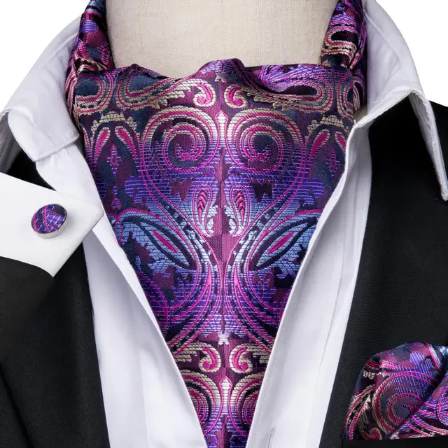Hi-Tie Silk Men's Ascot Tie Pocket Square Cufflinks Set Cravat Ascots Scrunch Self British Style Gentleman Dress Scarves Party AS-1005