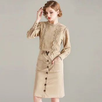 

Spring Skirt Set Women 2020 New Fashion Beading Long Sleeved Top + Single Breasted Pocket Skirt With Belt Elegant Two Piece Set