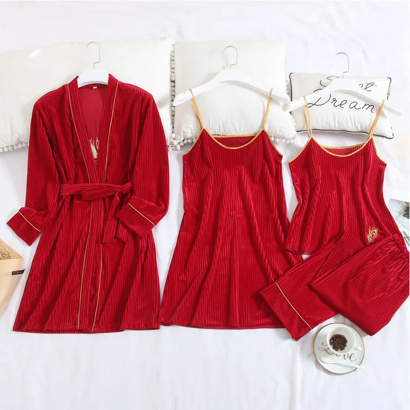 Женские Элегантные пижамы, зимняя теплая домашняя пижама, комплект из 4 предметов, сексуальная бархатная Пижама с вышивкой золотого цвета, Женская домашняя одежда - Цвет: Red