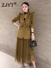

2022 Spring Long Sleeve Ruffles Blazer Suits with Midi Mesh Skirt Two Piece Womens Outfits Elegant Ladies Office Party Dress Set