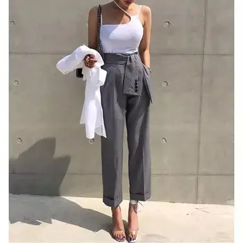 

Women 2019 New Solid High Waist Wide Leg Pants Office Lady Fashion Solid Color Belt Loose Pants Casual Straight Trousers