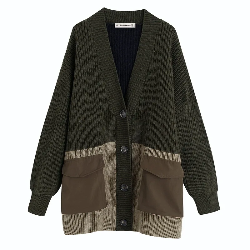 Осень 2019 новый модный длинный рукав пэчворк карманы женский свободный кардиган