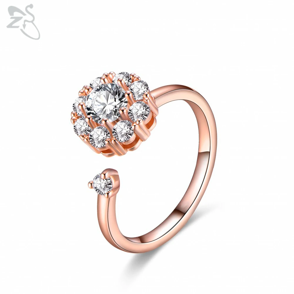 Rose Gold ZS модный спиннинг AAA кубического циркония кольцо для женщин девочек открытый регулируемый Roating кольца для свадебной вечеринки обручальное кольцо ювелирные изделия - Цвет основного камня: Rose Gold