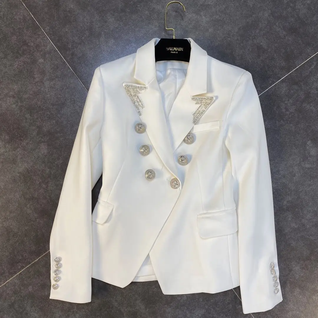 Luxury Classic Long Sleeve Blazer Women White Black Vintage Double Breasted Slim Fit Suit Jacket Coat Office Ladies Work Formal
