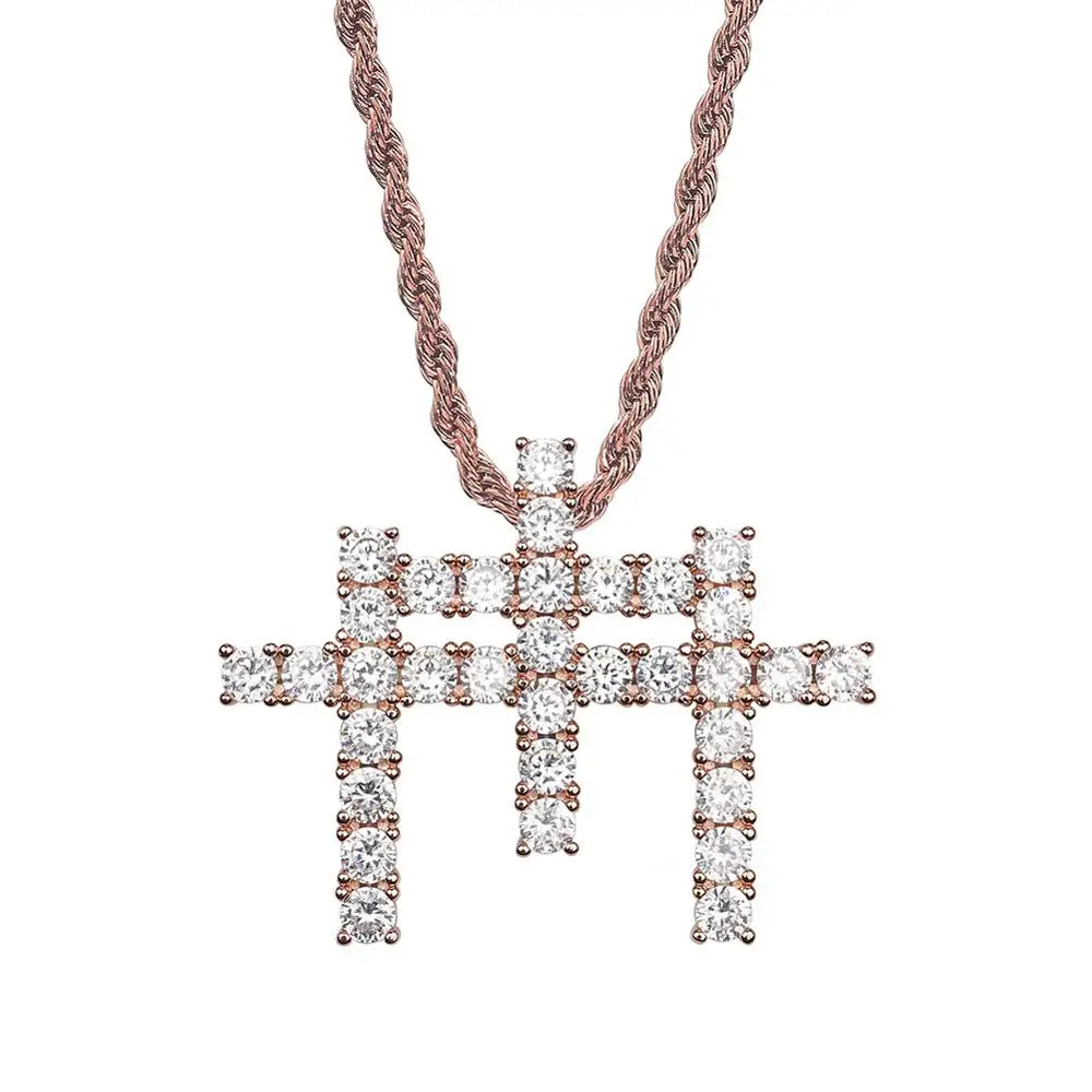 Ceny Hip Hop AAA CZ kamienia betonowa Bling Iced Out M kształt 3 krzyż wisiorki naszyjnik dla mężczyzn Hip Hop raper biżuteria złoty kolor