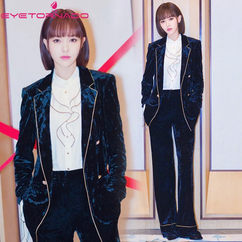 Vrouwen Fluwelen Twee Stukken Broek Set Double Breasted Notched Korte Fluwelen Blazer + Flare Broek Pak Office Business Outfit Uniform Vrouwen Fluwelen Twee Stukken Broek Set Double Breasted Notched Korte Fluwelen Blazer + Flare Broek Pak Office Business Outfit Uniform