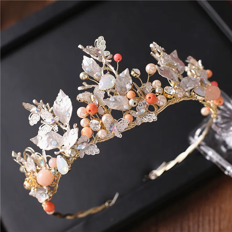 

Korean Style High-End Luxury Butterfly Headdress Color Pearl Man-made Diamond Large Crown Handmade Hair Accessories Wedding Dres