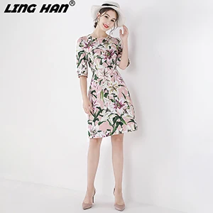 LING HAN Новые Модные осенние цветочные пуговицы бисер Половина рукава платье для женщин цветочный принт элегантные винтажные платья Vestidos - Цвет: Многоцветный