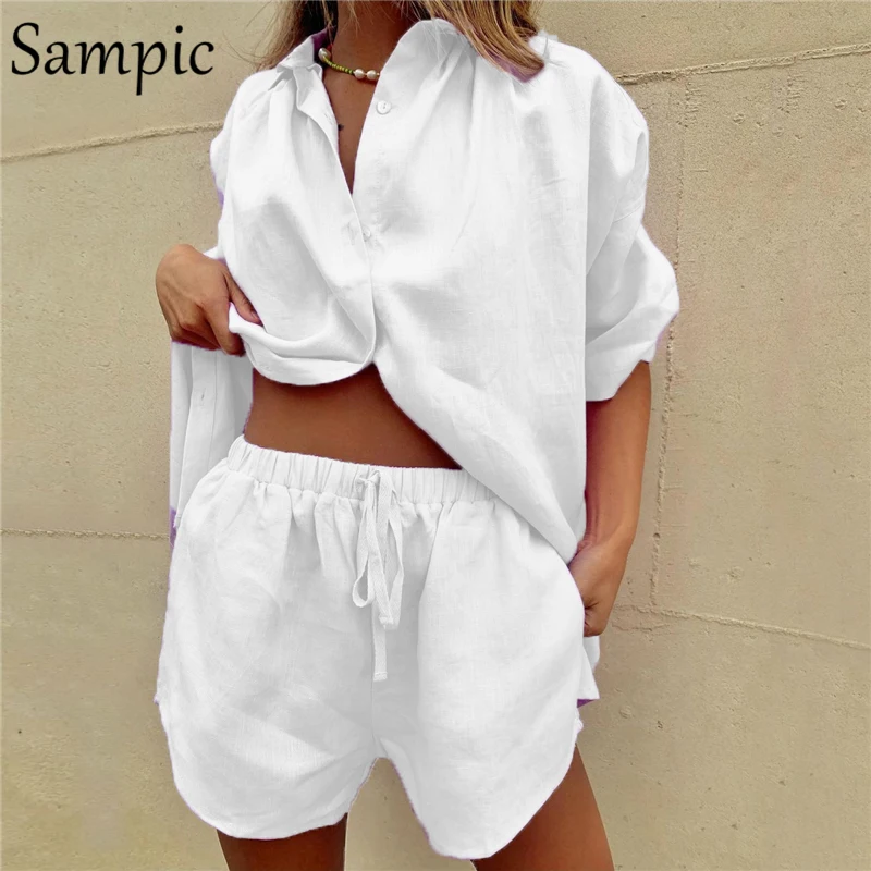 Sampic Summer Tracksuit Women 2021 Lounge Wear Shorts Set Short Sleeve Shirt Tops And Loose Mini Shorts Suit Two Piece Set crop top and skirt set