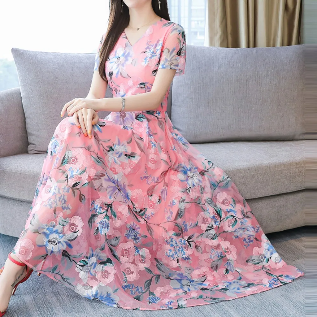 

2019 Women Fashion Long Maxi Dresses Summer V Neck Short Sleeve Printing Dress Female vestidos DouDouLu sukienka