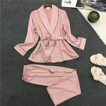 

Spring New Ladies Satin Silk Pajamas Solid Casual Women Home Service Long Sleeve Full Length Pants Sleepwear Female Pijamas