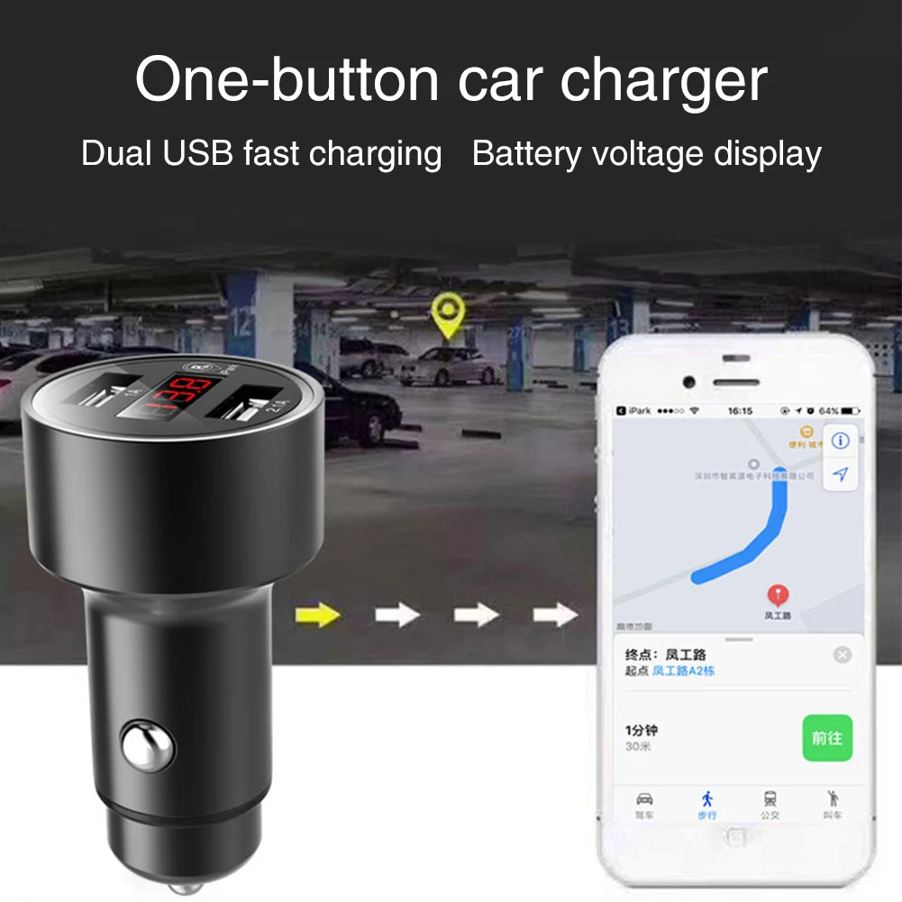 Voltmeter Dual USB Portable 12-24V Overcharge Protection Fast Black Digital Display Aluminum Alloy GPS Tracker Car Charger